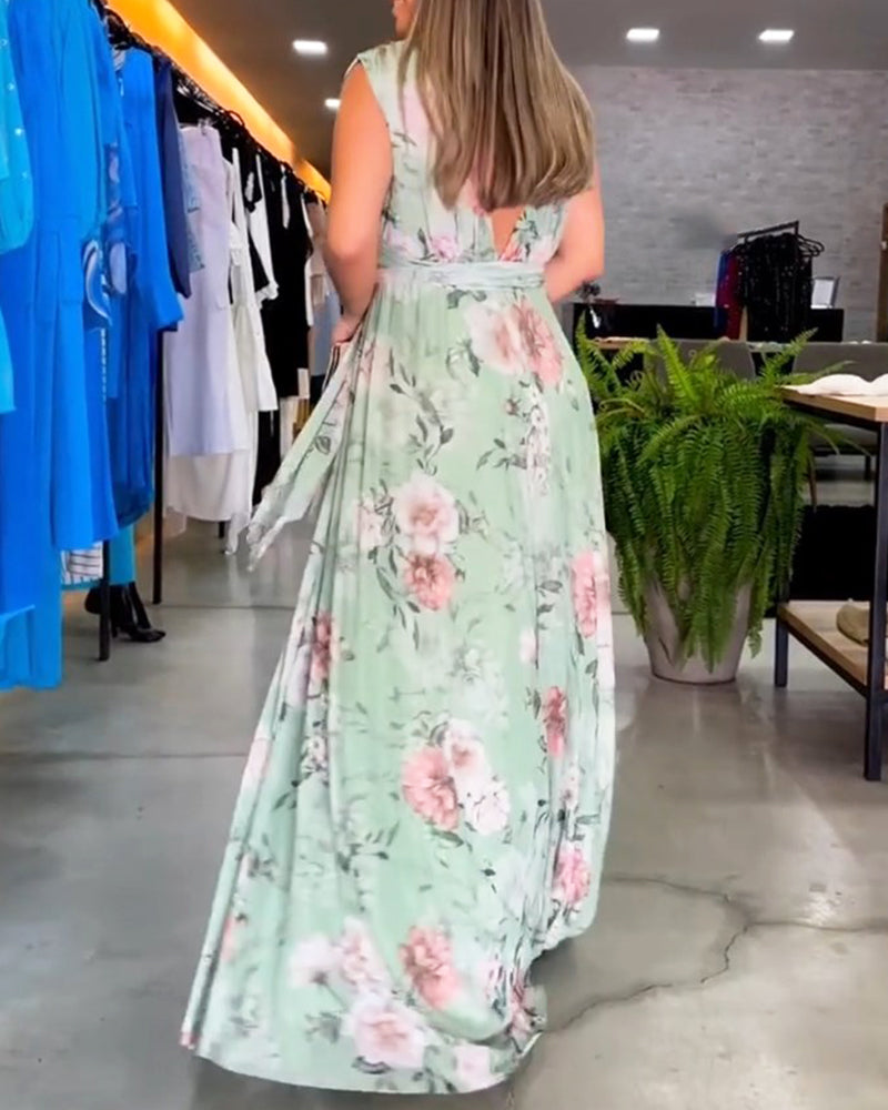 Gia - Vestido largo sin mangas con estampado floral y abertura en el dobladillo