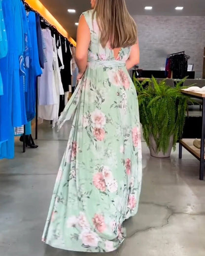 Gia - Vestido largo sin mangas con estampado floral y abertura en el dobladillo