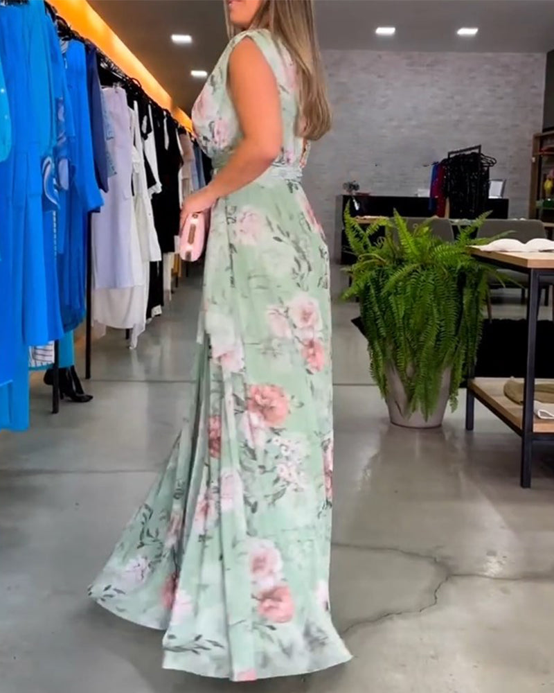 Gia - Vestido largo sin mangas con estampado floral y abertura en el dobladillo