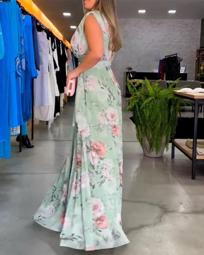 Gia - Vestido largo sin mangas con estampado floral y abertura en el dobladillo