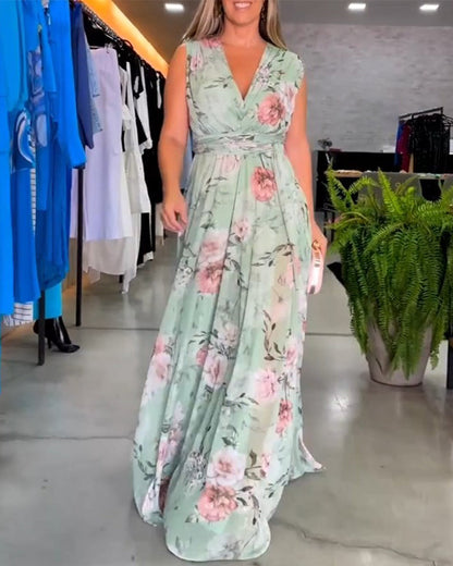 Gia - Vestido largo sin mangas con estampado floral y abertura en el dobladillo