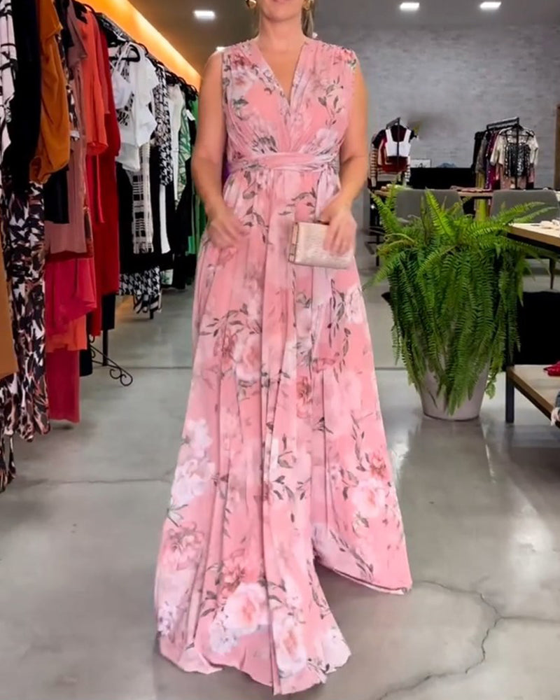 Gia - Vestido largo sin mangas con estampado floral y abertura en el dobladillo