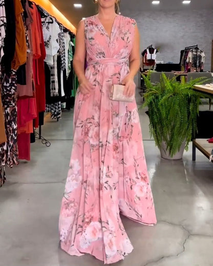 Gia - Vestido largo sin mangas con estampado floral y abertura en el dobladillo