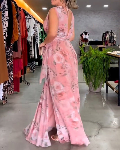 Gia - Vestido largo sin mangas con estampado floral y abertura en el dobladillo