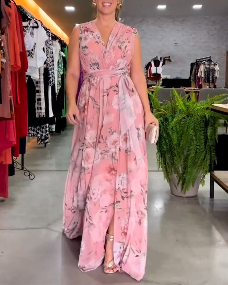 Gia - Vestido largo sin mangas con estampado floral y abertura en el dobladillo