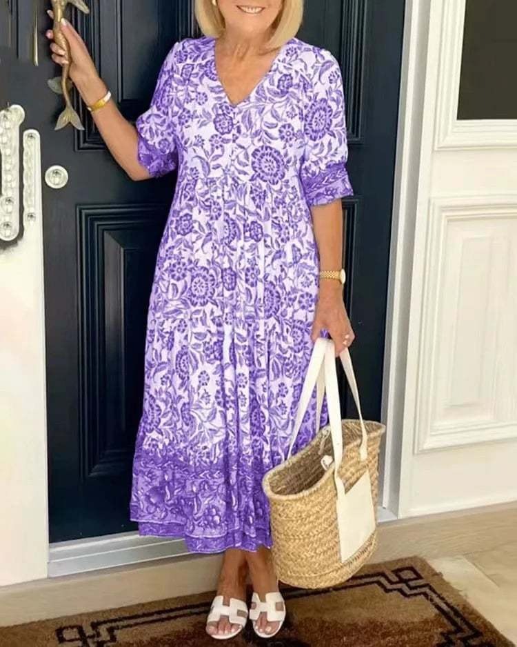 Mavis - Vestido largo bohemio floral elegante con escote en V