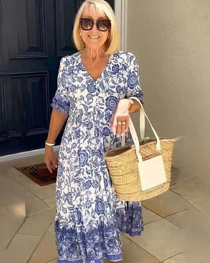 Mavis - Vestido largo bohemio floral elegante con escote en V