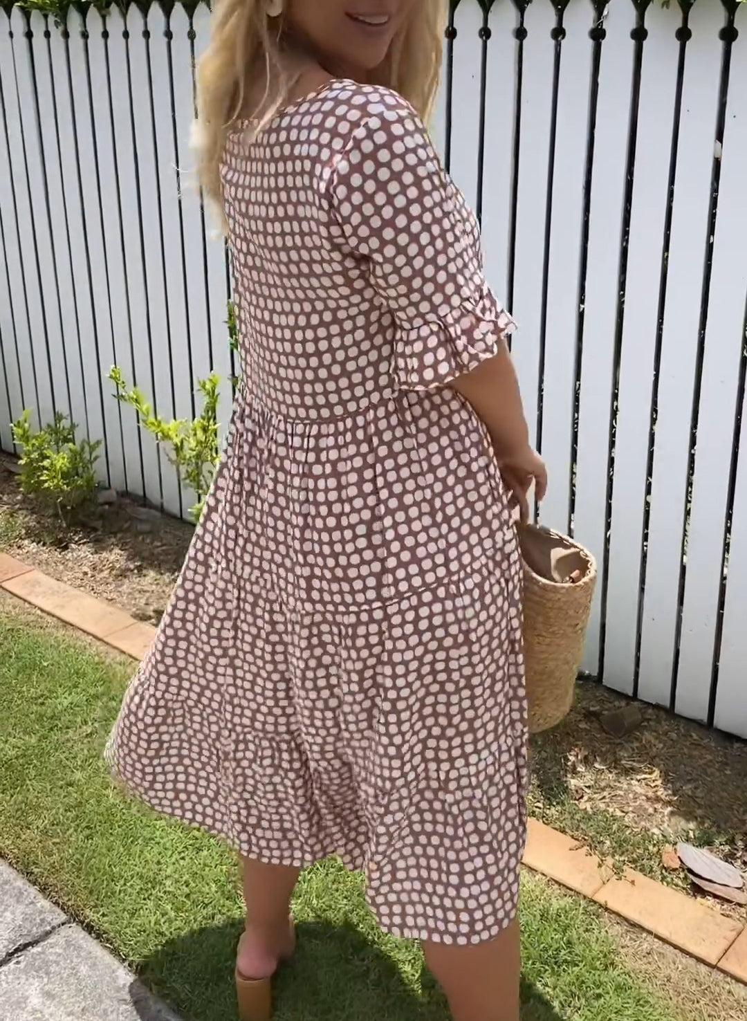 Rebecca - Vestido midi casual chic con mangas con volantes