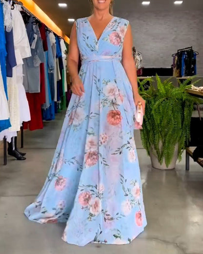 Gia - Vestido largo sin mangas con estampado floral y abertura en el dobladillo