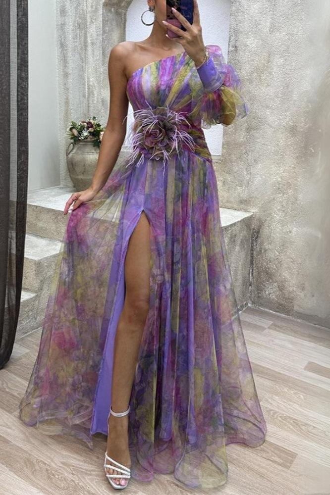Everleigh | Vestido maxi floral de un solo hombro