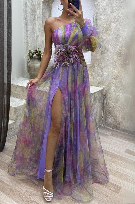 Everleigh | Vestido maxi floral de un solo hombro