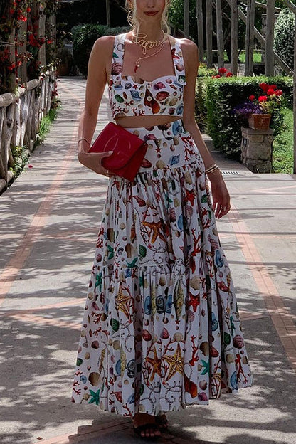 Kaleen - Conjunto de top corto y falda maxi con volantes