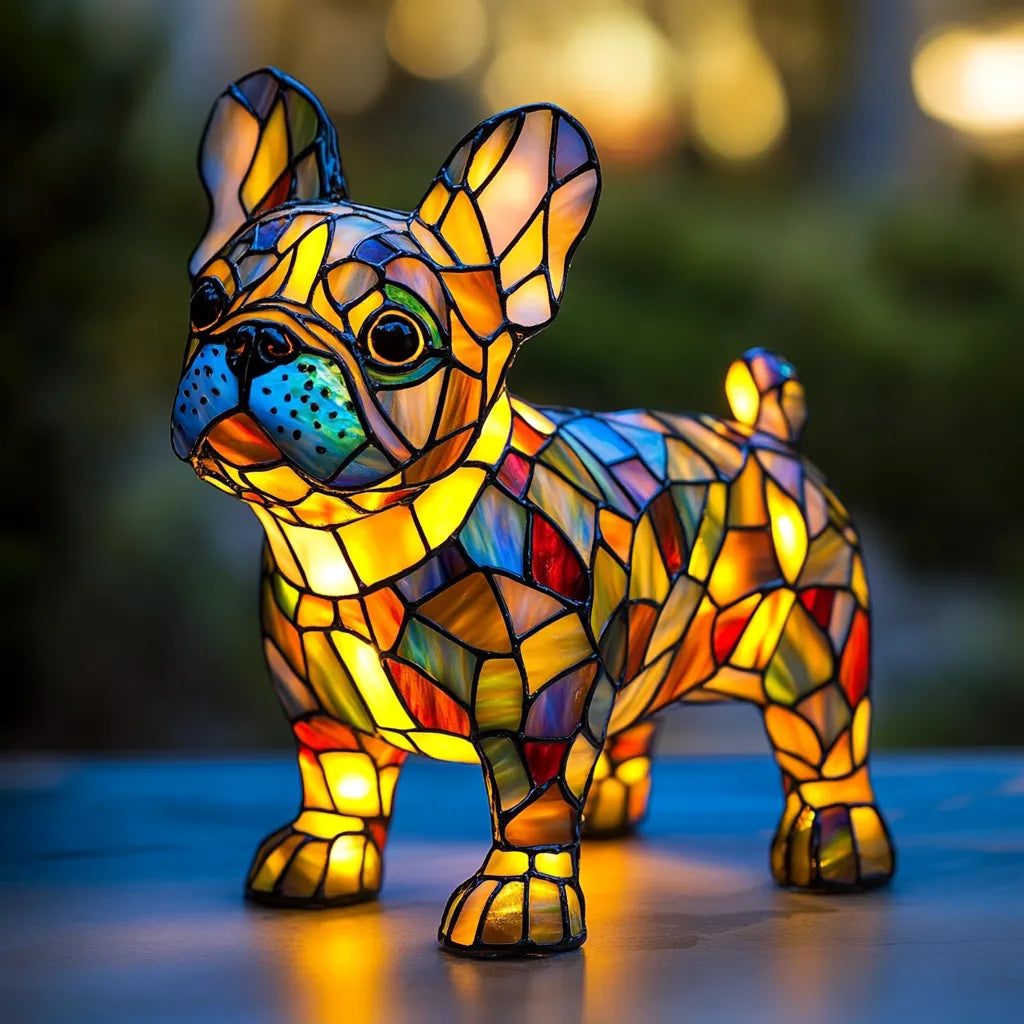 Handmade Stained Glass Dog Lamp – Warm Glow Light for Dog Lovers
