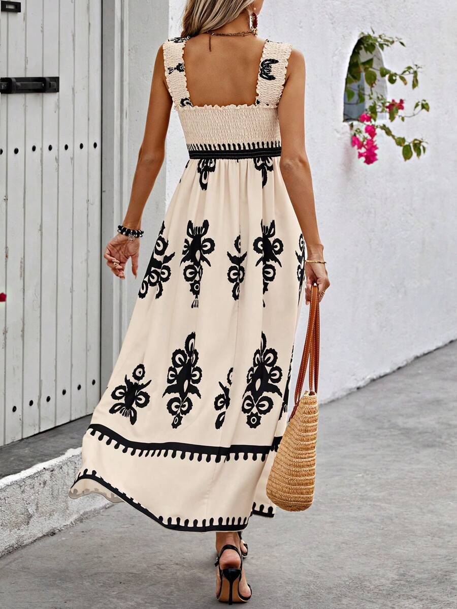 Valentina - Vestido de playa sin mangas con cuello cuadrado chic y estampado