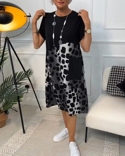 Allison - Vestido midi elegante de manga corta con estampado de leopardo
