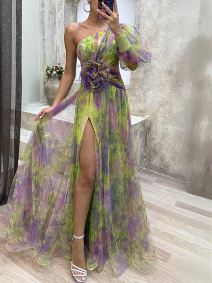Everleigh | Vestido maxi floral de un solo hombro