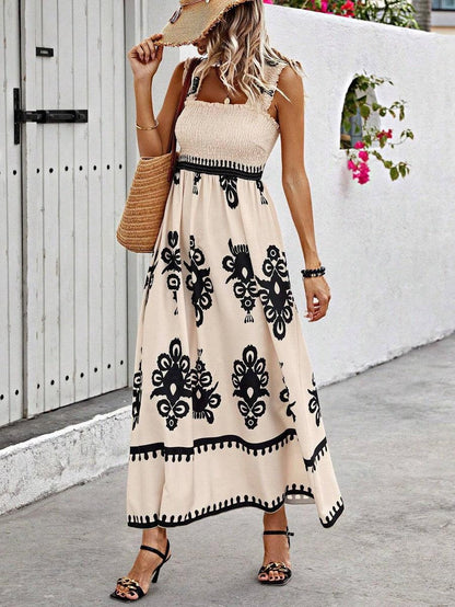 Valentina - Vestido de playa sin mangas con cuello cuadrado chic y estampado