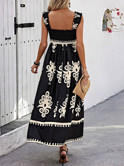 Valentina - Vestido de playa sin mangas con cuello cuadrado chic y estampado