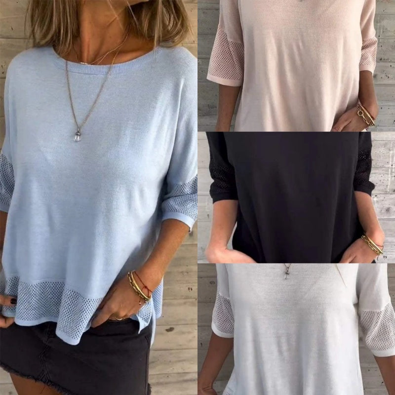 Camiseta casual para mujer Clarisse de color sólido con cuello redondo y manga 3/4