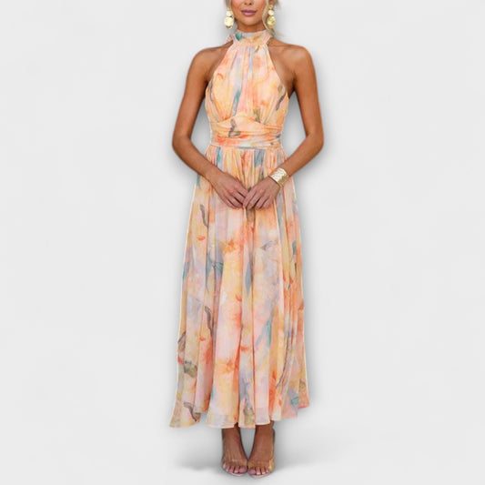 Vestido largo con estampado acuarela y cuello halter