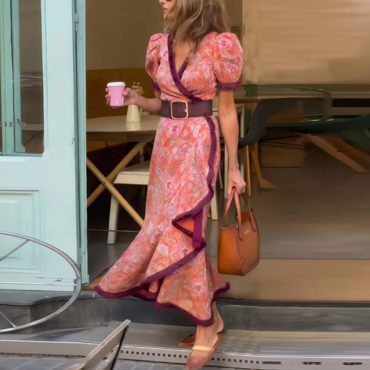 Hailey - Vestido Maxi Elegante Rosa de Manga Corta