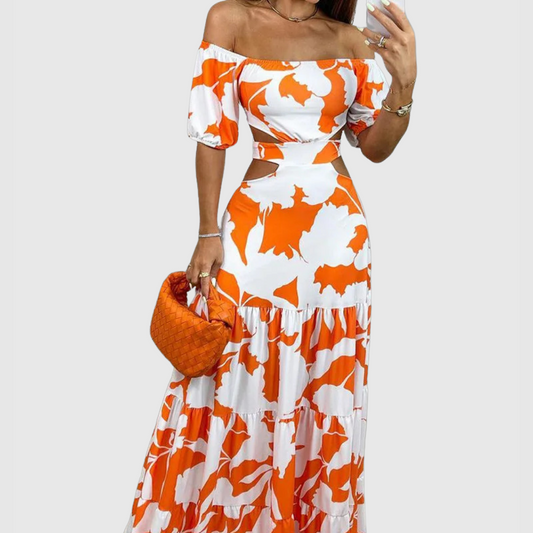 Arden - Vestido midi elegante con corte irregular y diseño de granos recortados
