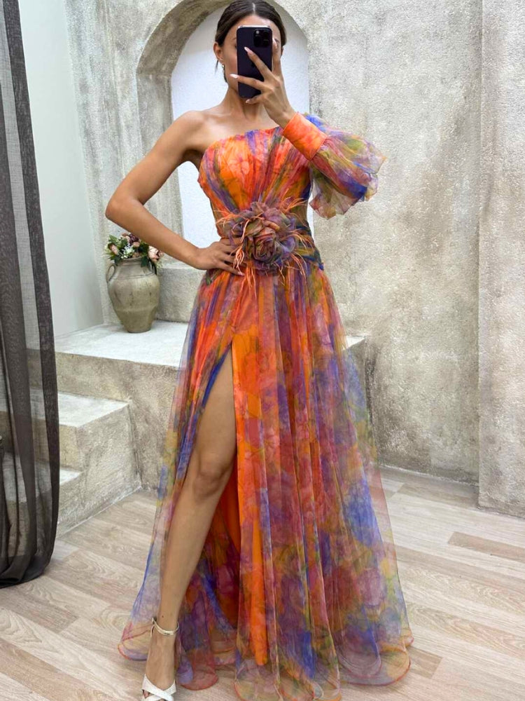 Everleigh | Vestido maxi floral de un solo hombro