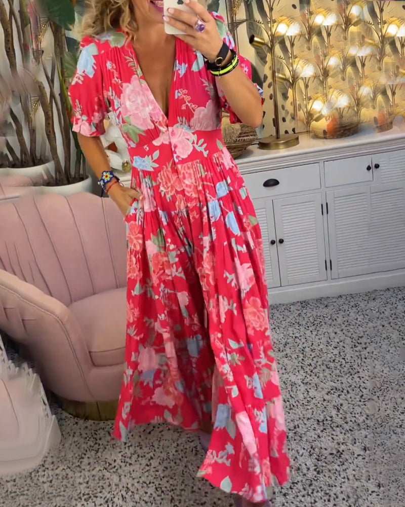 Reagan - Vestido largo floral con escote en V y mangas cortas