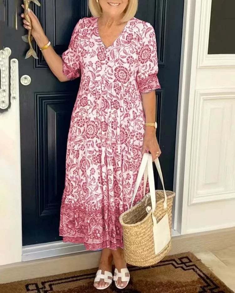 Mavis - Vestido largo bohemio floral elegante con escote en V