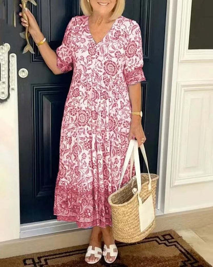 Mavis - Vestido largo bohemio floral elegante con escote en V