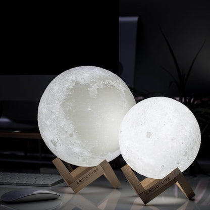 Lámpara de luna con base de madera luz de mesa 3D