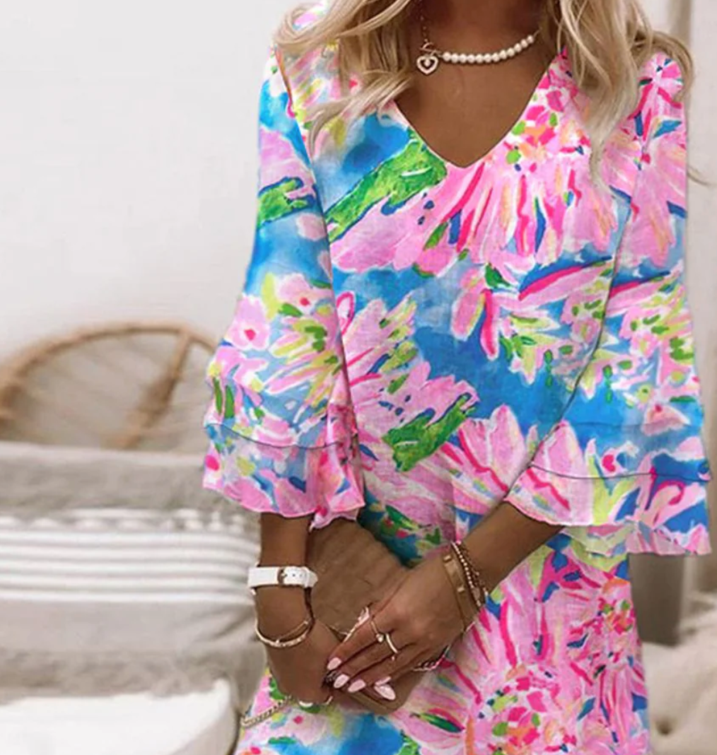 Sylvie - Vestido Mini Rosa para Mujer con Mangas de Campana