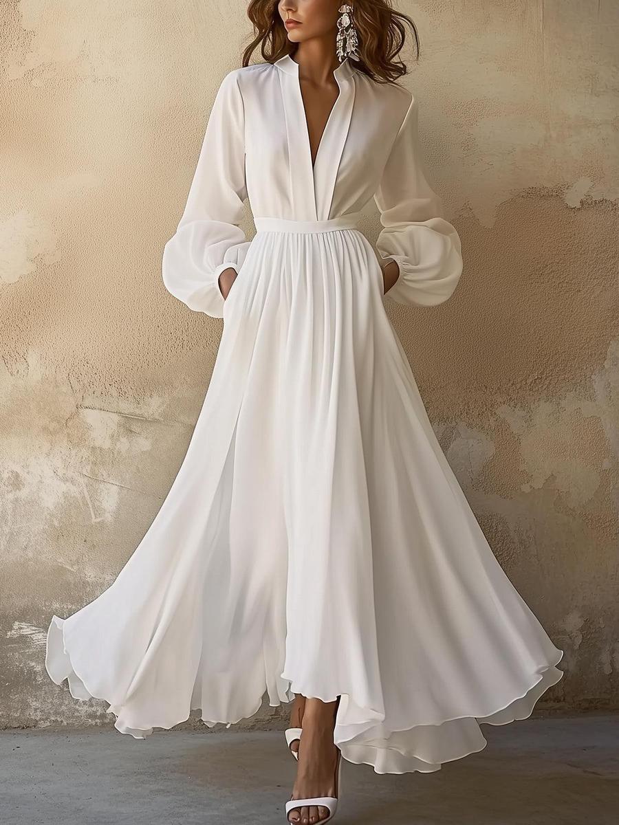 Laura - Vestido maxi blanco de inspiración vintage con escote en V