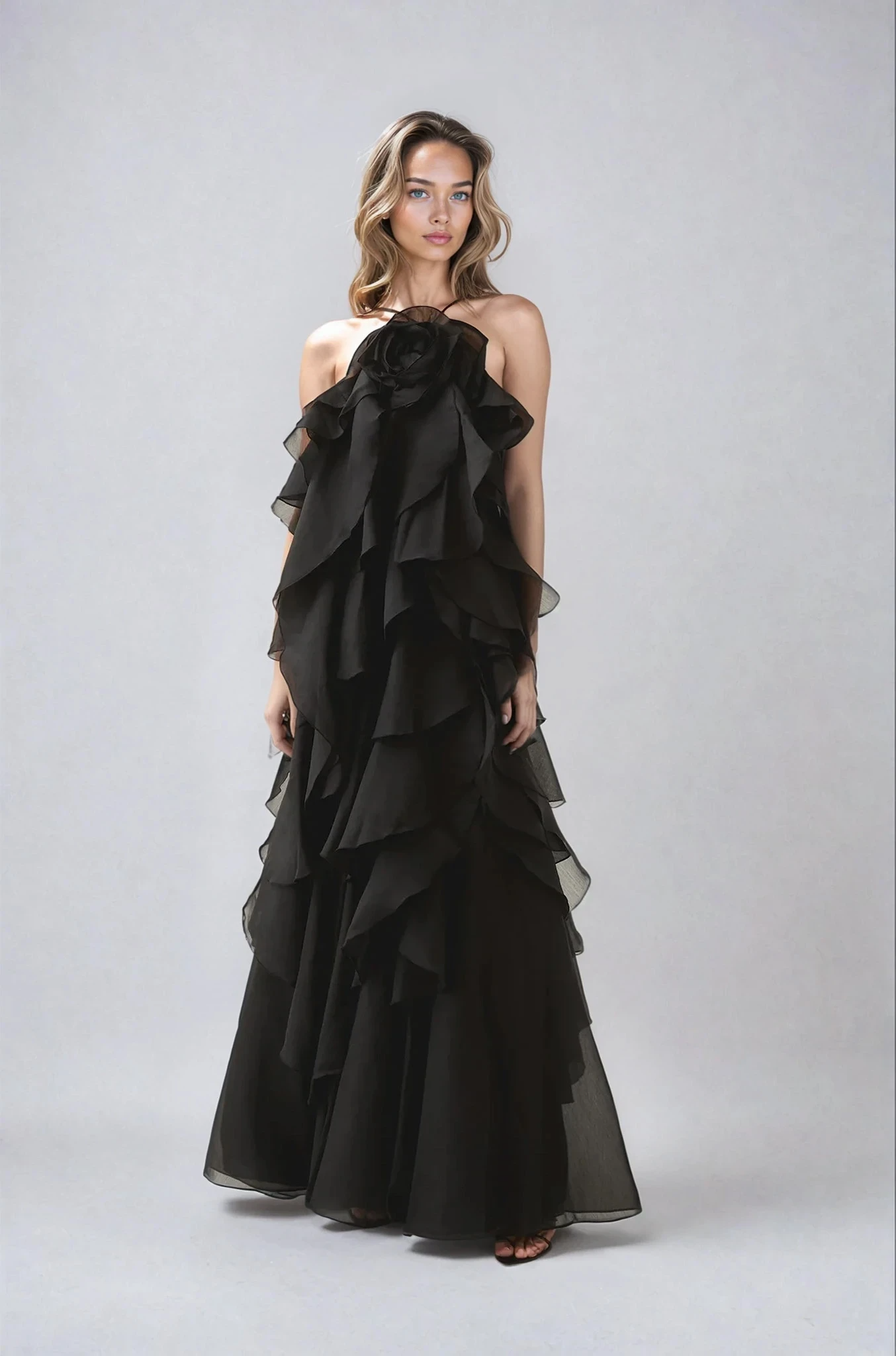Nephele - Vestido de cóctel largo con volantes y halter