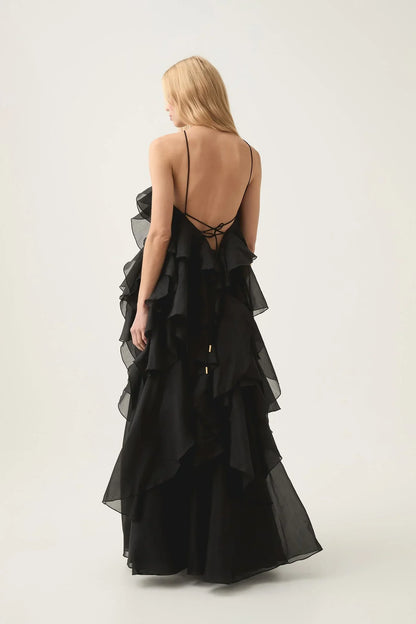 Nephele - Vestido de cóctel largo con volantes y halter