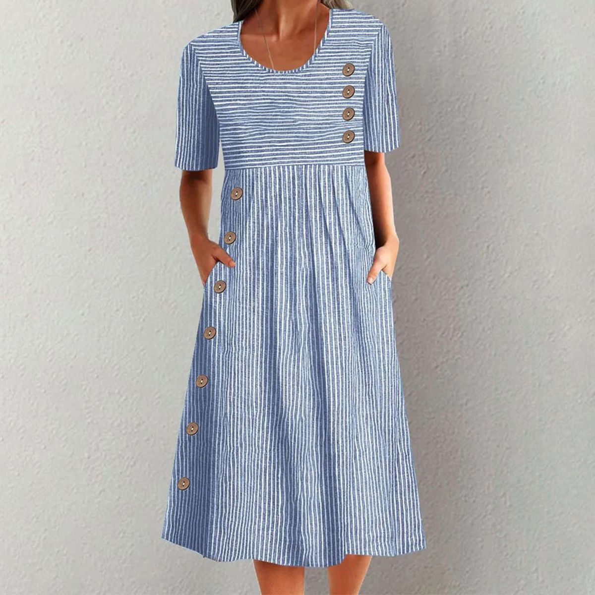 Finley - Vestido Midi Clásico a Rayas con Botones