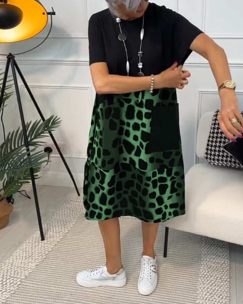 Allison - Vestido midi elegante de manga corta con estampado de leopardo