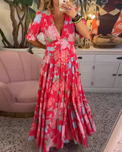 Reagan - Vestido largo floral con escote en V y mangas cortas