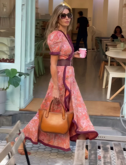 Hailey - Vestido Maxi Elegante Rosa de Manga Corta
