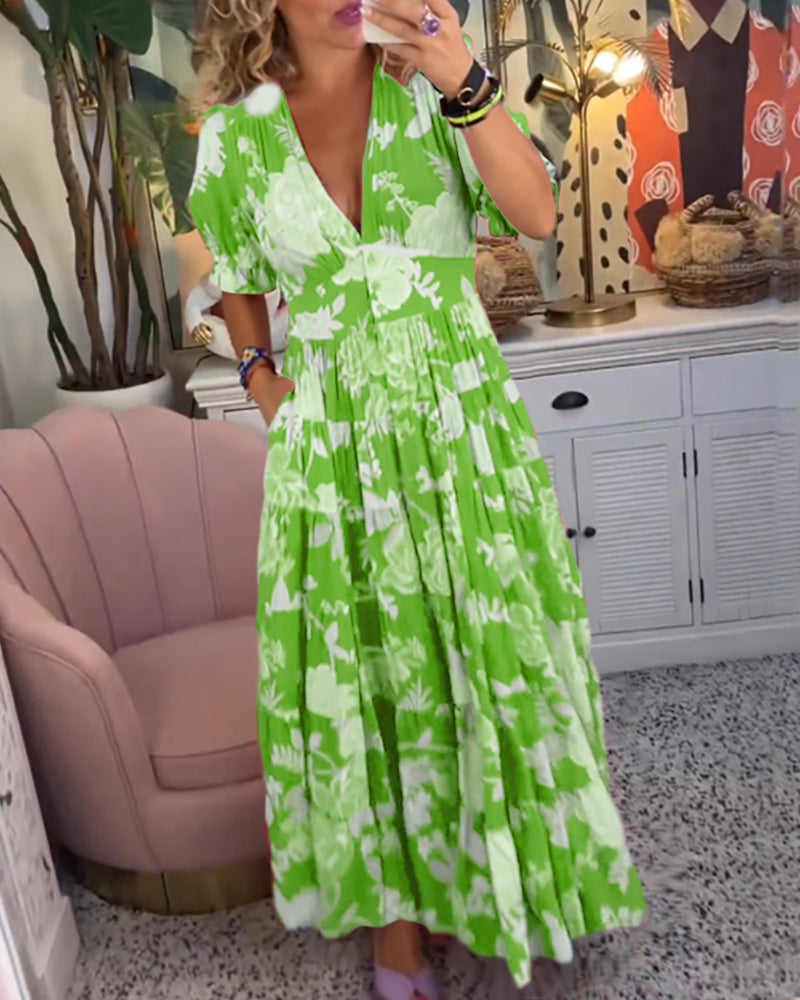 Reagan - Vestido largo floral con escote en V y mangas cortas