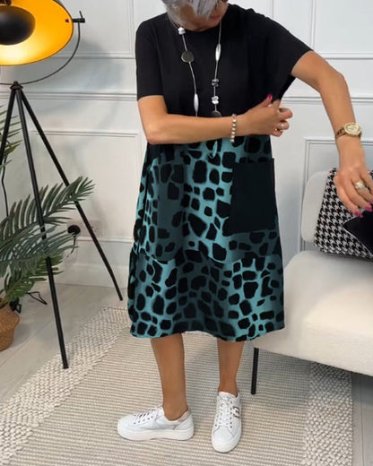 Allison - Vestido midi elegante de manga corta con estampado de leopardo