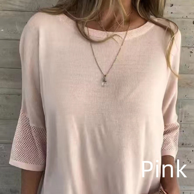 Camiseta casual para mujer Clarisse de color sólido con cuello redondo y manga 3/4