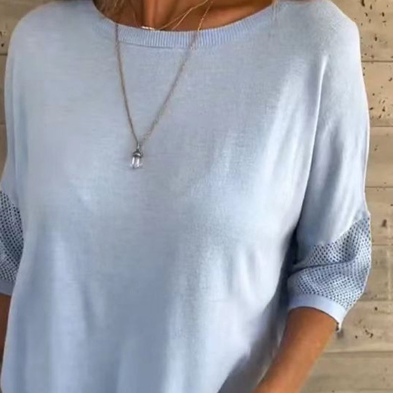 Camiseta casual para mujer Clarisse de color sólido con cuello redondo y manga 3/4