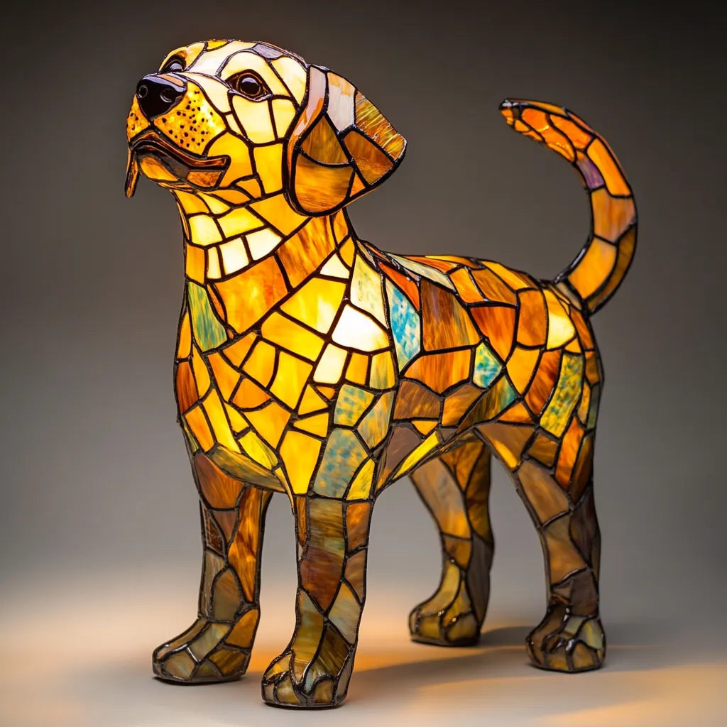 Handmade Stained Glass Dog Lamp – Warm Glow Light for Dog Lovers