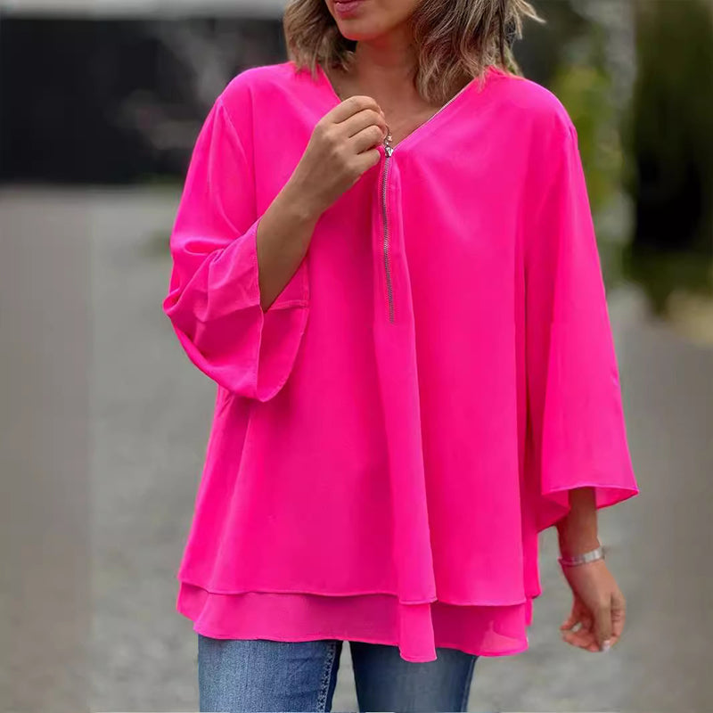 Janine | Blusa de manga con media cremallera fluida