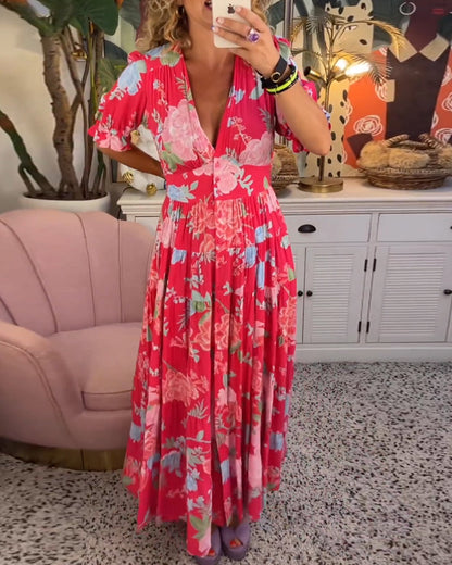 Reagan - Vestido largo floral con escote en V y mangas cortas