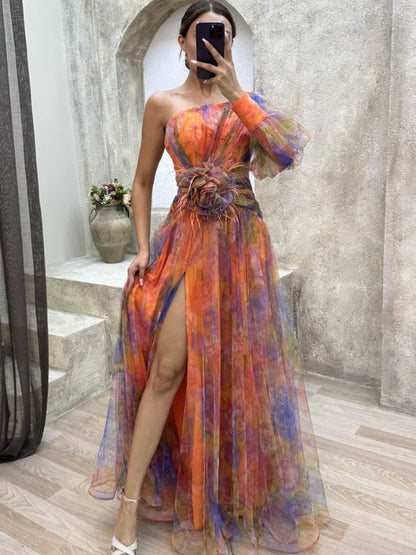 Everleigh | Vestido maxi floral de un solo hombro