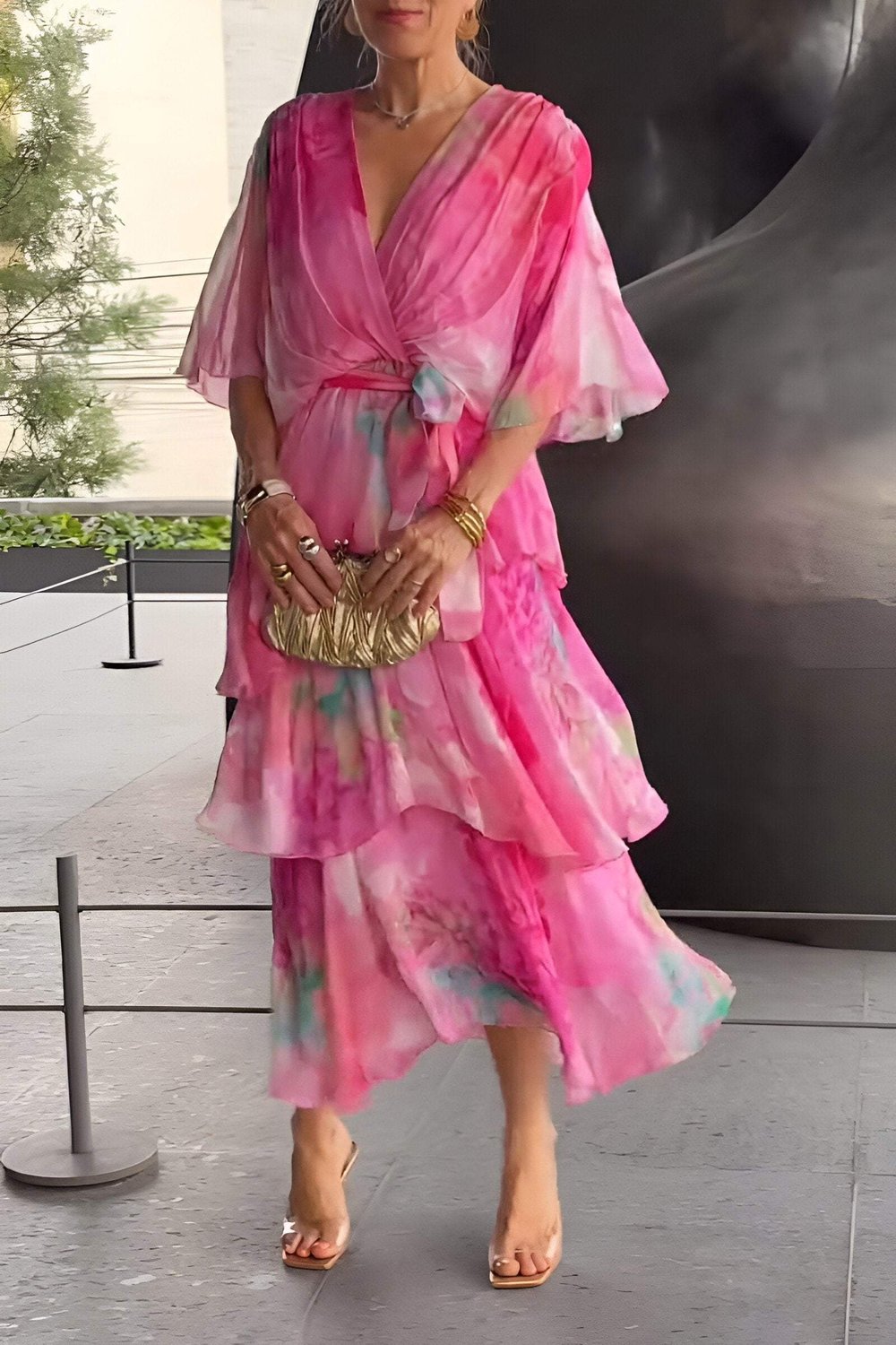 Nysa - Vestido de gasa con volantes y estampado floral de primavera