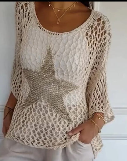 Inga Tops de Crochet Huecos de Cuello Redondo Cinco Estrellas