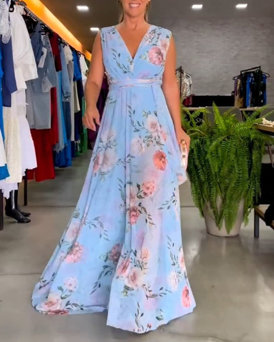 Gia - Vestido largo sin mangas con estampado floral y abertura en el dobladillo